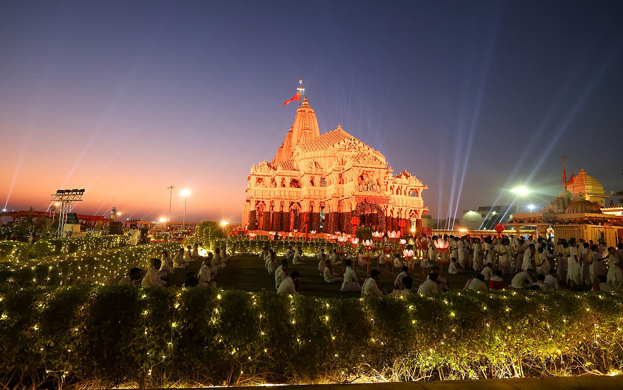 Shree Somnath Jyotirlinga temple illuminated at dusk, Gujarat